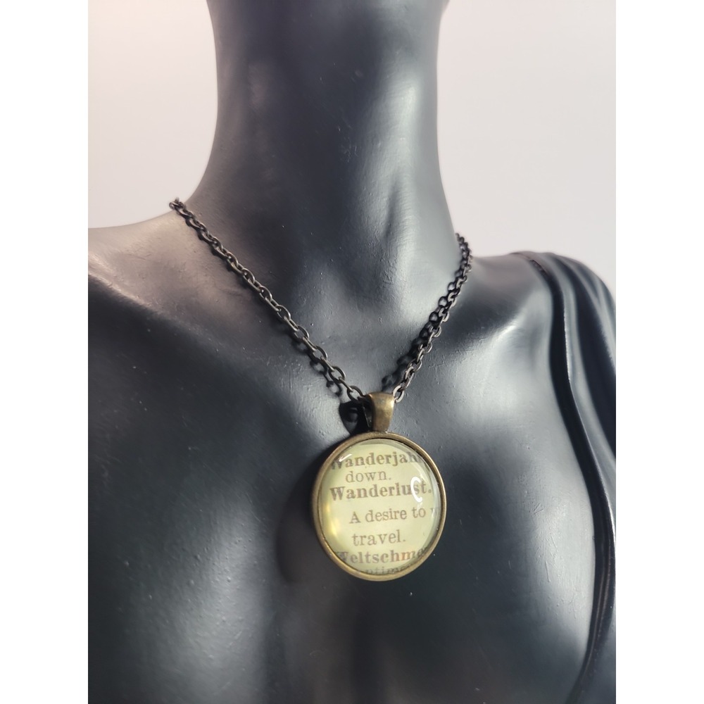 Wanderlust Necklace Dictionary Definition Travel Pendant Bronze Tone Boho